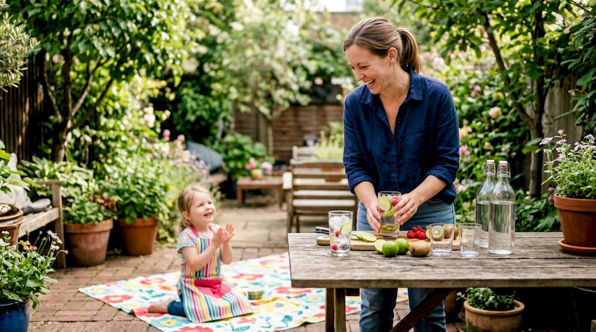 Mother preparing kid friendly sparkling drinks with child watching