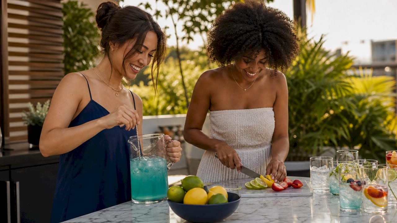 Friends making colorful party drinks at home
