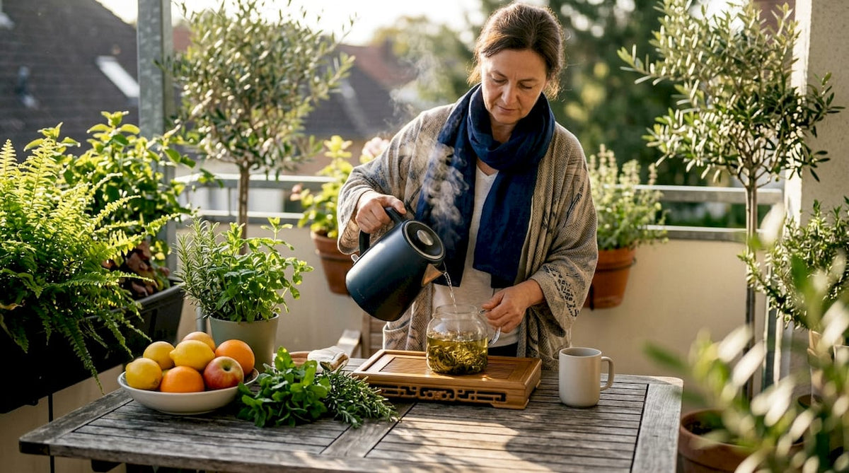Woman preparing antioxidant-rich green tea in kitchen