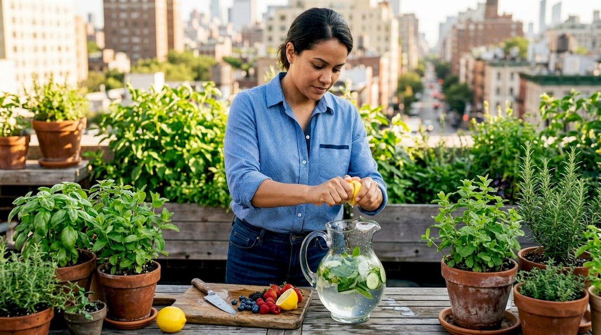 Woman making fresh natural drink at kitchen counter