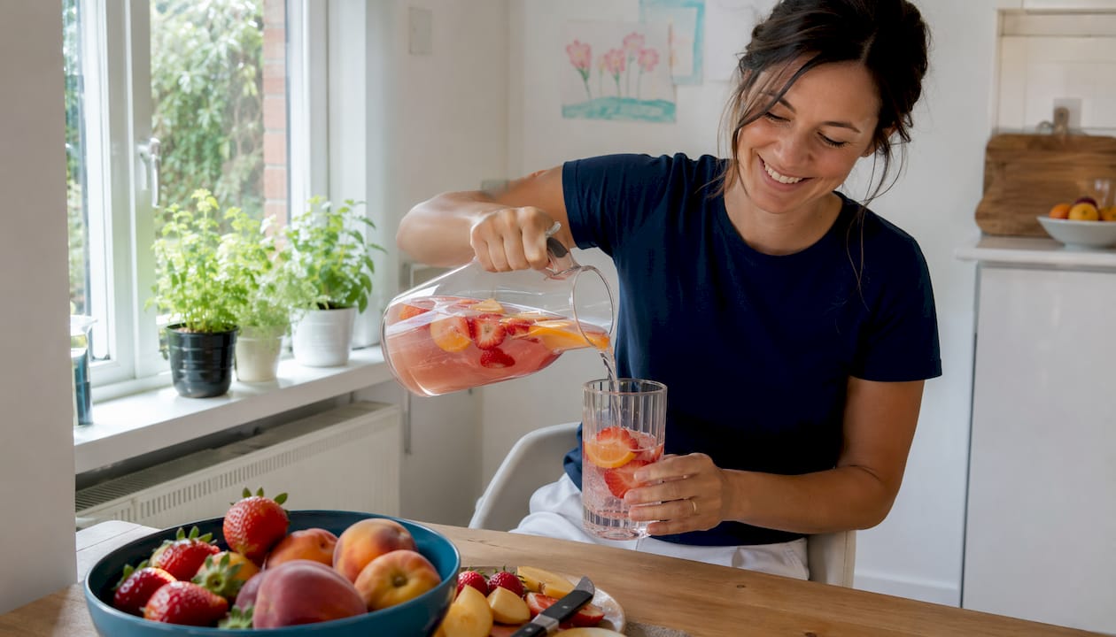 Mother pouring natural dye-free drink in kitchen