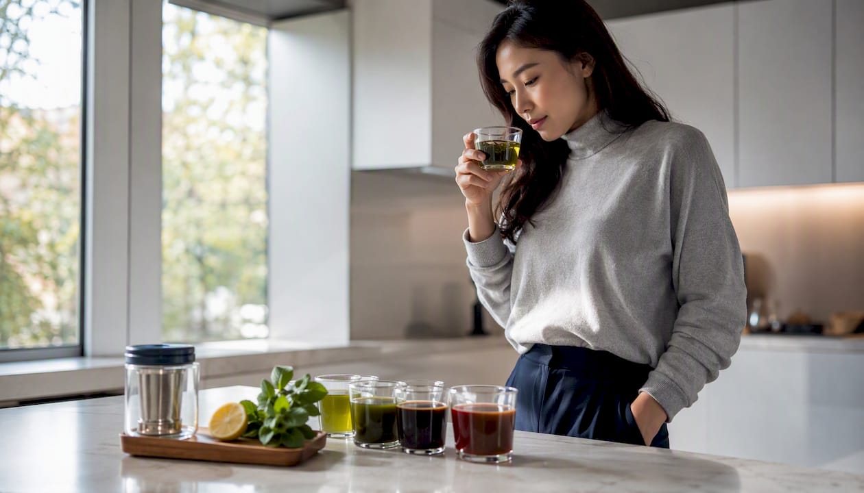 Woman tasting antioxidant beverages at kitchen counter