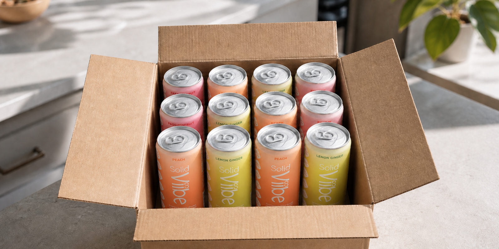 An open twelve-can carton packed with a mix of Solid Viibe flavours
