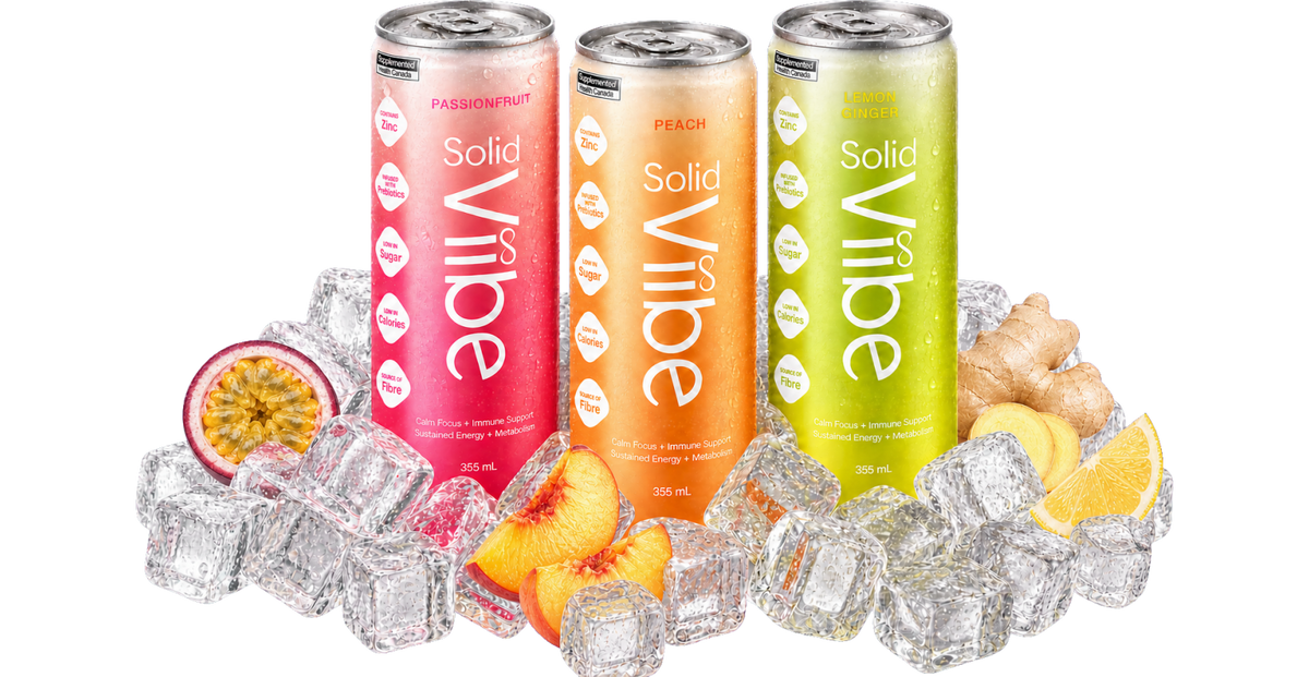 Passionfruit, Peach and Lemon Ginger cans standing in a mound of crushed ice