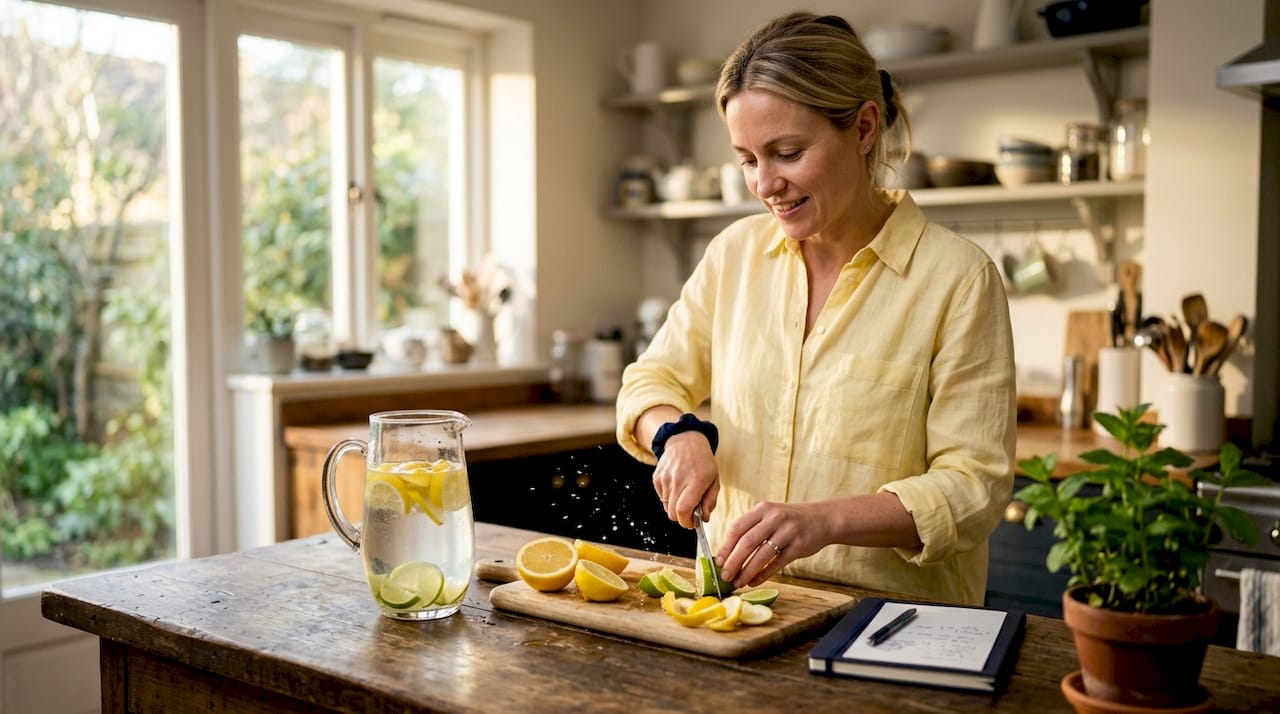 Woman preparing citrus drink in kitchen