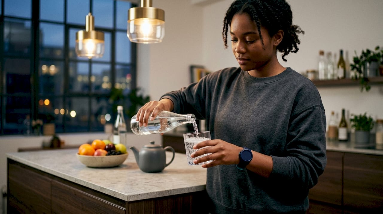 Woman pouring sparkling water at kitchen table
