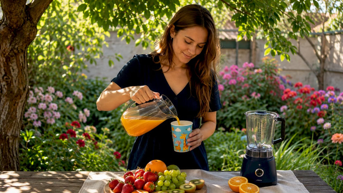 Mother pouring natural fruit juice in kitchen