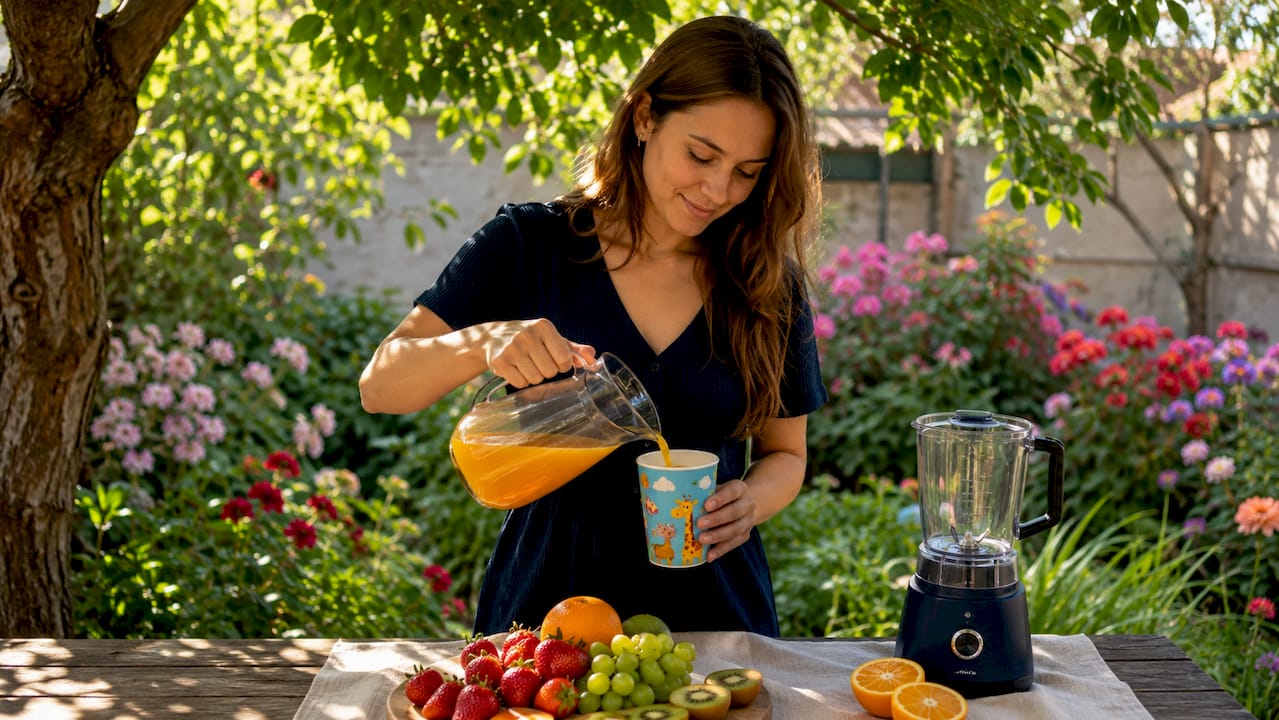 Mother pouring natural fruit juice in kitchen