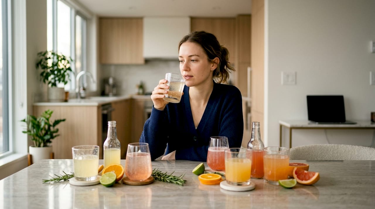 Woman tasting healthy sparkling drinks at kitchen table