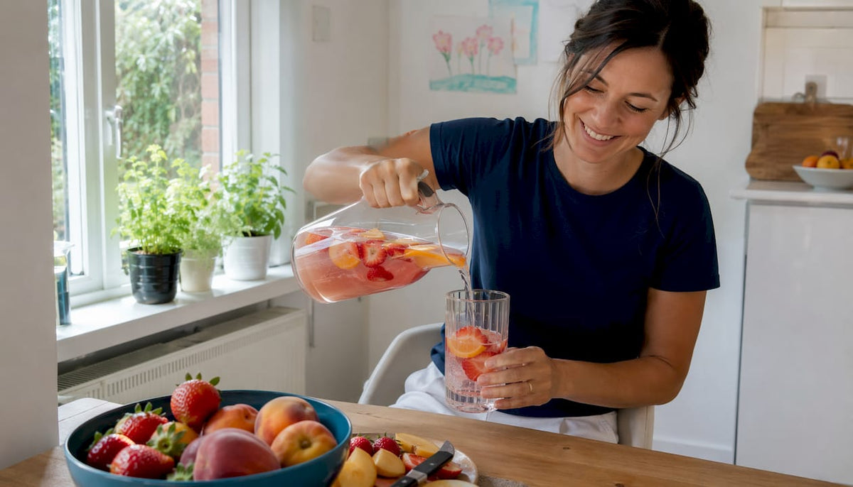 Mother pouring natural dye-free drink in kitchen
