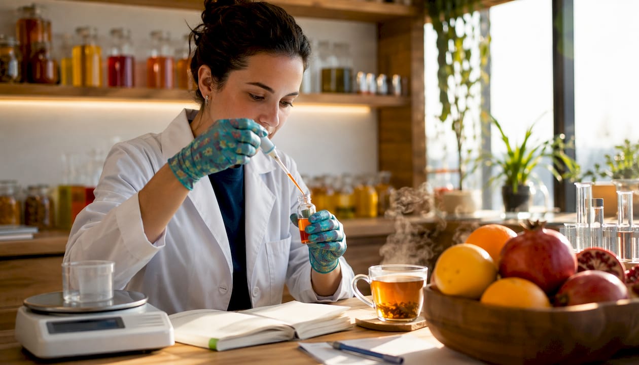 Food scientist pipetting fruit extract in lab