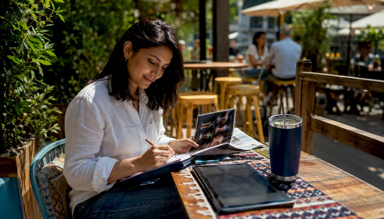 Marketing strategist planning viral drinks in café