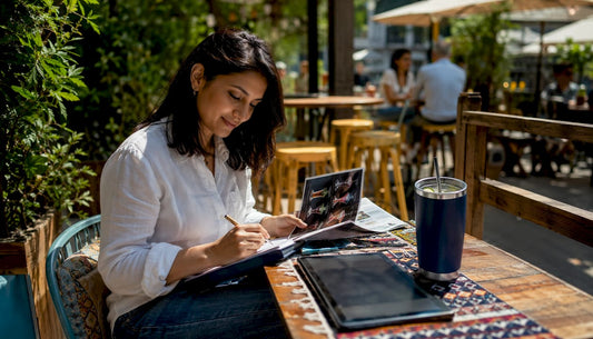 Marketing strategist planning viral drinks in café