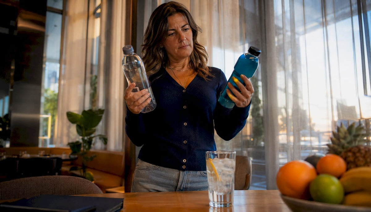 Woman comparing sparkling and sports drinks bottles