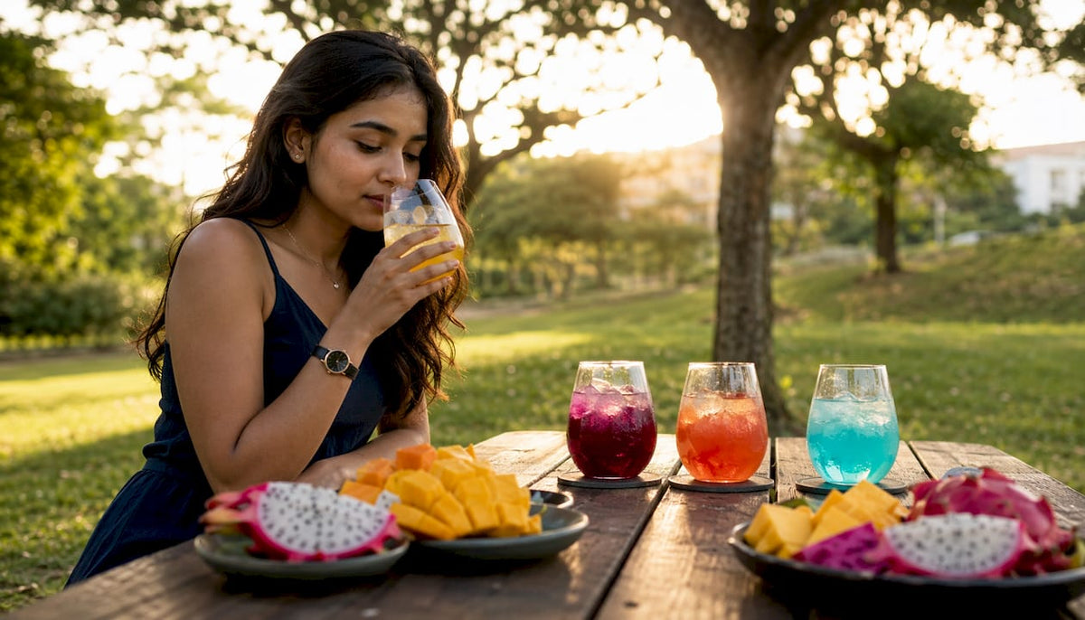 Woman smelling exotic sparkling drink outdoors