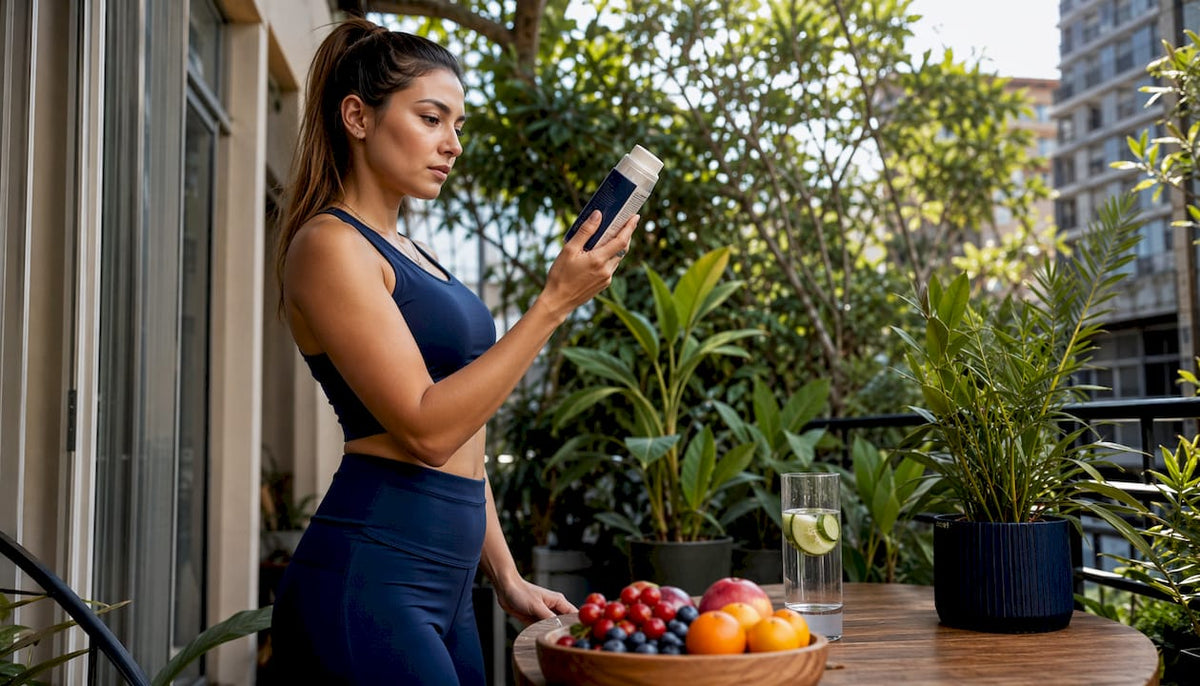 Woman reading nutrition label on beverage bottle in kitchen