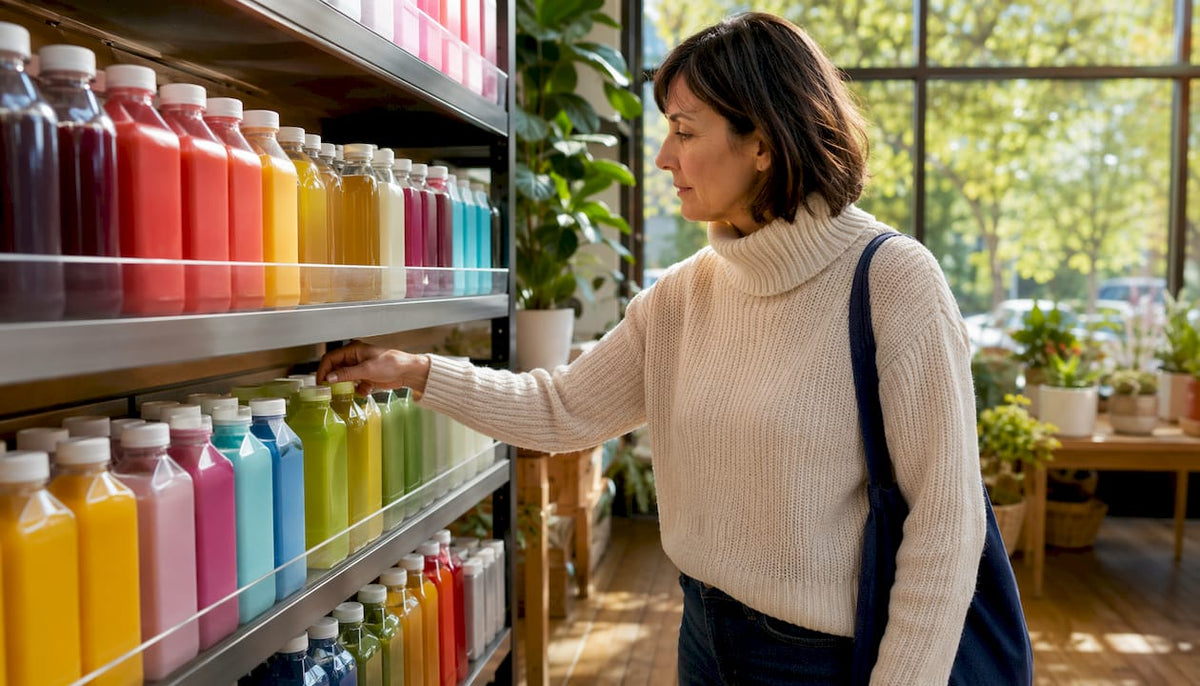 Woman choosing vitamin beverages in Canadian pharmacy
