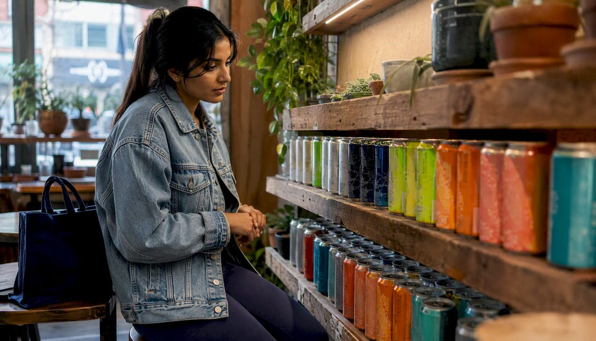 Woman selecting canned beverage variety pack in store aisle