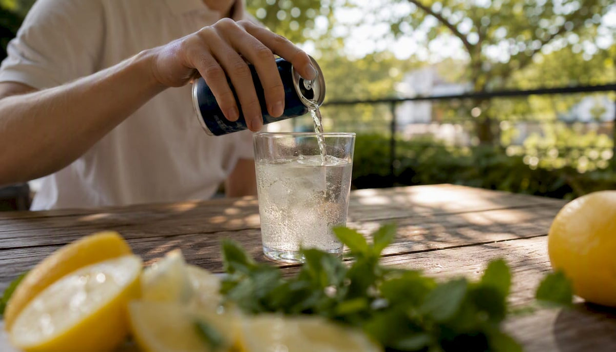Glass being poured sparkling low-sugar energy drink