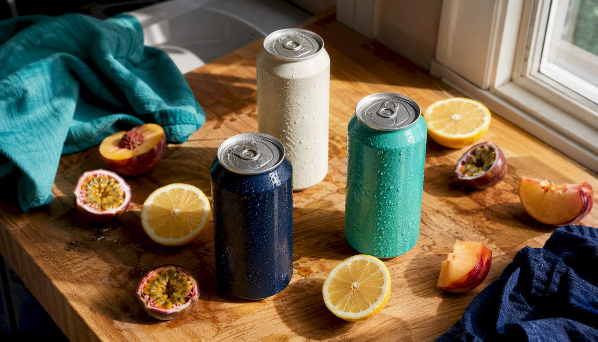 Three sparkling beverage cans with fresh fruit slices