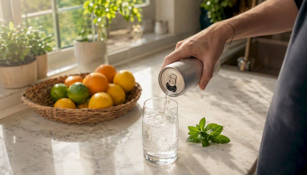 Hand pouring sparkling tonic water into glass