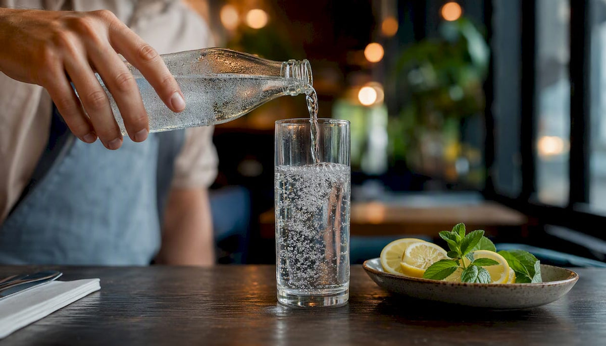 Hand pouring sparkling water into glass
