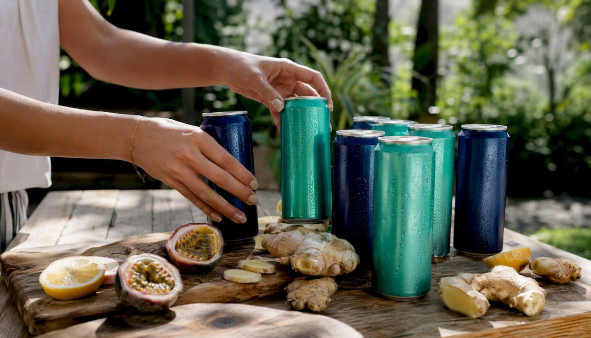 Hands assembling custom sparkling drinks pack