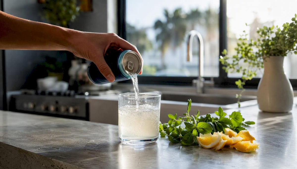 Parent pouring sparkling probiotic drink into glass