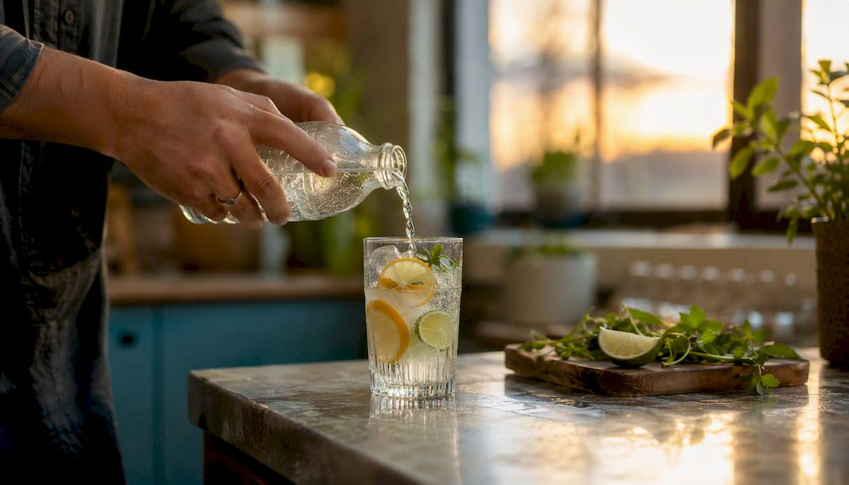 Close-up of pouring citrus mocktail in kitchen