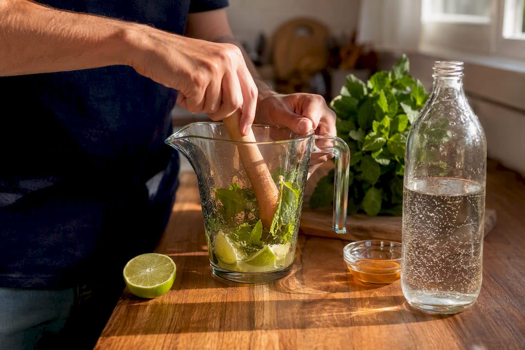 Hands muddling mint in pitcher for lemonade