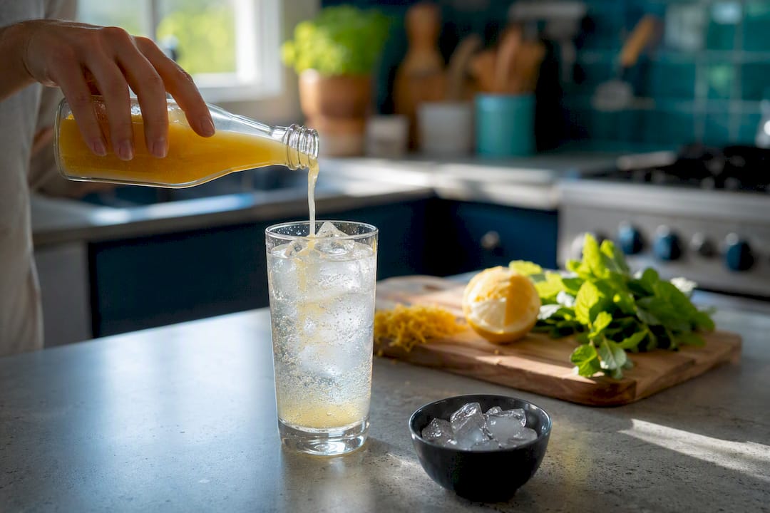 Pouring homemade shrub syrup into sparkling water glass