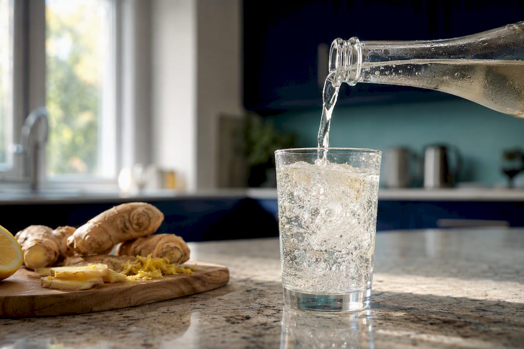 Pouring natural sparkling beverage with botanicals