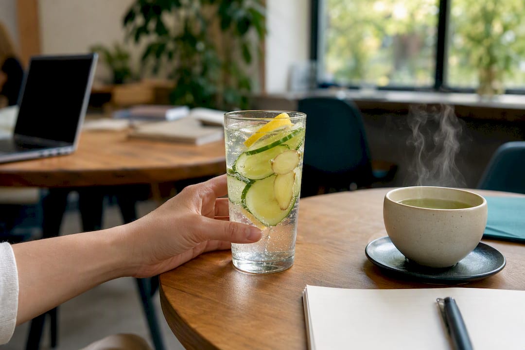 Glass of sparkling lemon water and green tea on desk