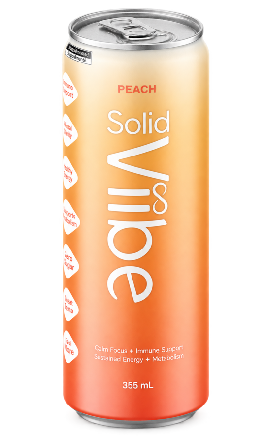 Solid Viibe Peach sparkling hydration pop, 355 mL can