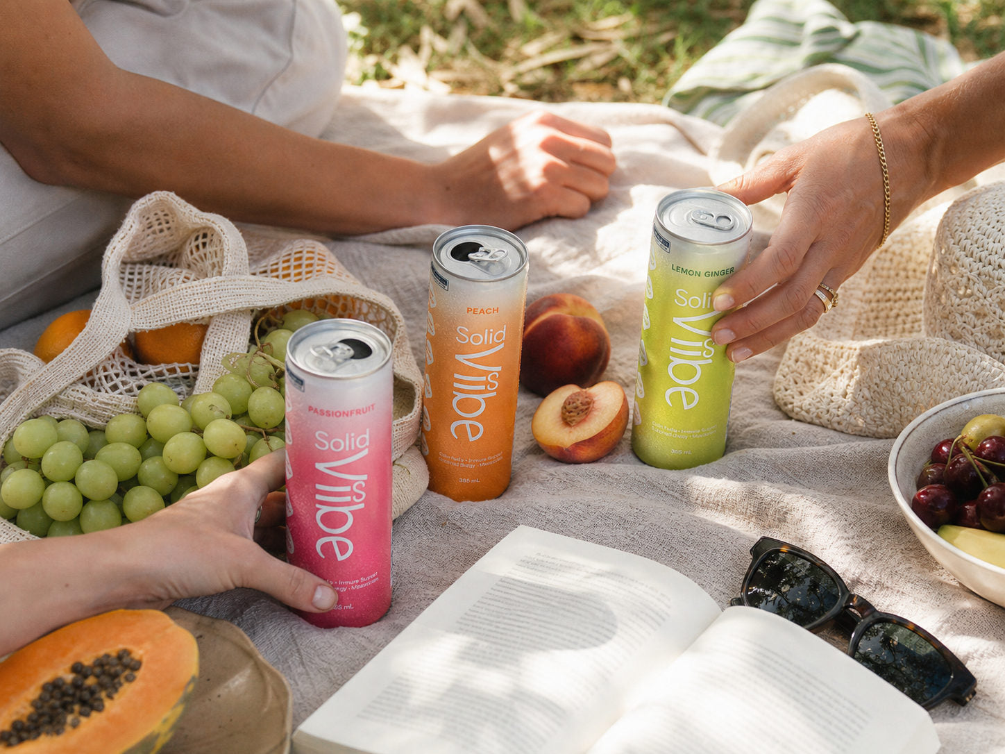 All three Solid Viibe flavours standing on a picnic rug in a park, among fruit, a book and a straw hat