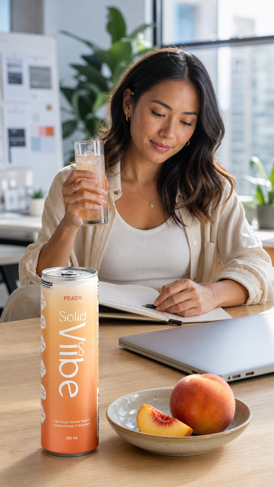 Someone at a desk in the afternoon with a Peach Solid Viibe poured over ice