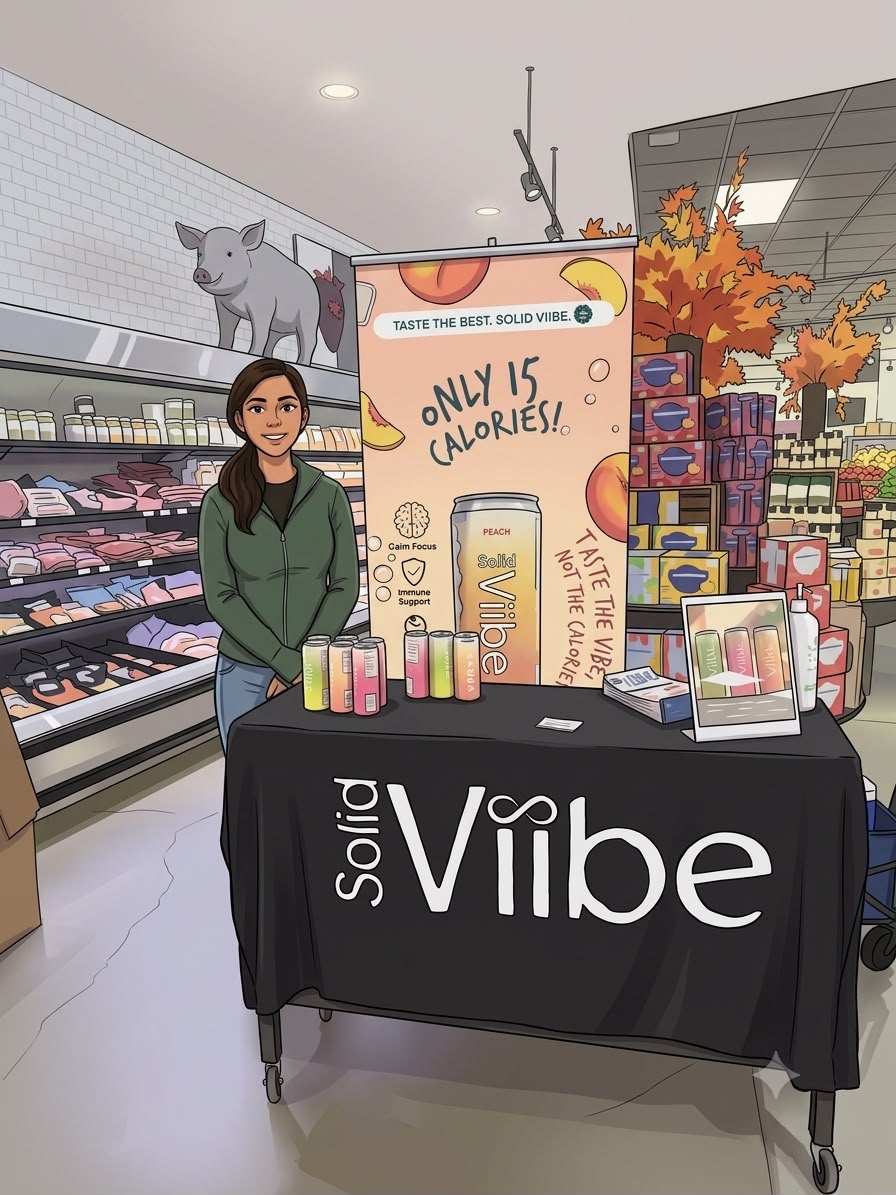 A Solid Viibe sampling table set up in a grocery store